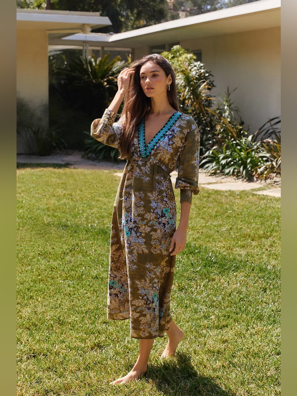 Anthropologie Ro’s Garden Indiana Green Floral Embroidered V Neck Midi Dress XS